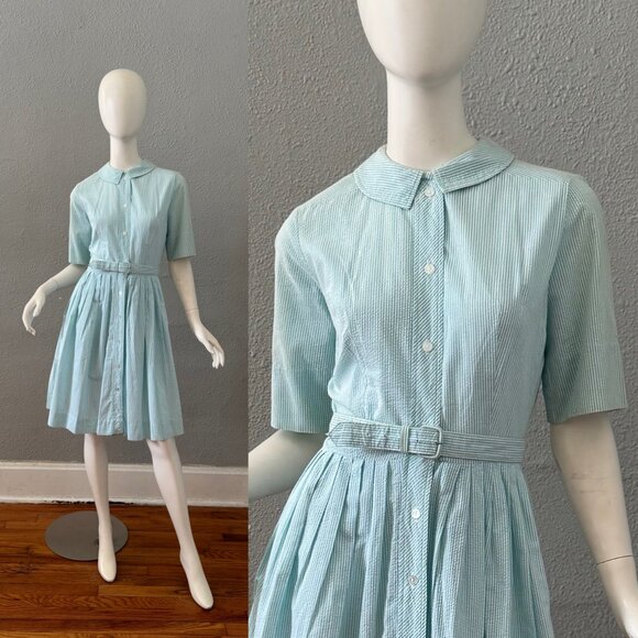 Dresses & Skirts - Vintage 50s Blue Striped Button Belt Fit & Flare Shirtwaist Day Dress S